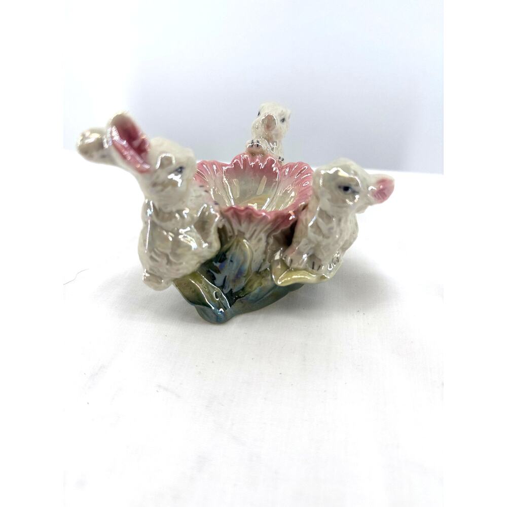 Vintage Bunny Rabbit Egg Holder Trinket Dish Iridescent Ceramic Decor